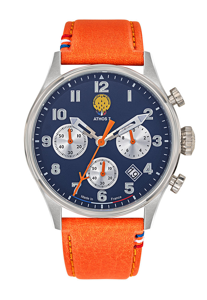 Montre Chronographe Cadran Bleu Cuir Orange A7-100EG-668137