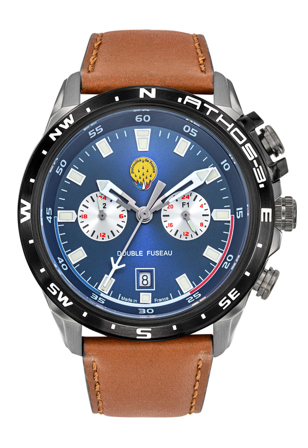 Montre Double Fuseau Cadran Bleu Bracelet Marron A3-100IG-668112