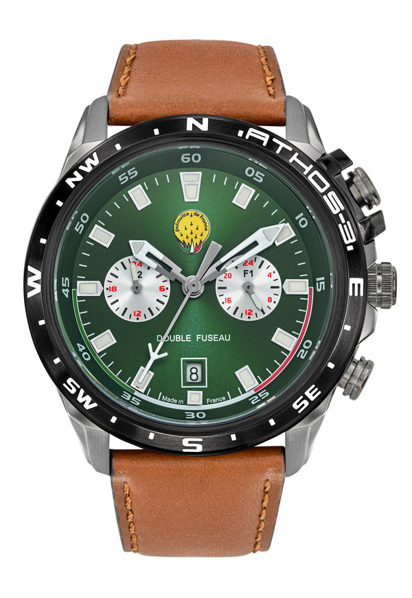 Montre Double Fuseau Cadran Vert Bracelet Marron A3-100IG-668158